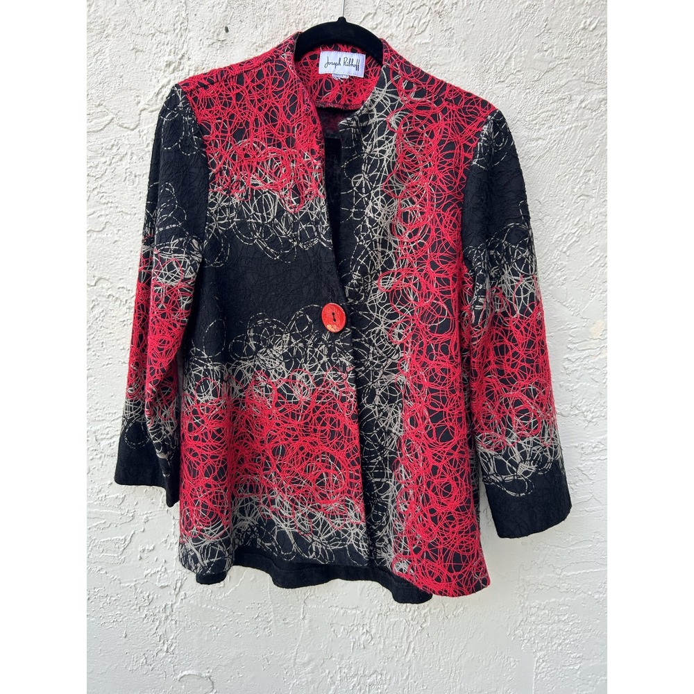 Joseph Ribkoff Red Black Abstract Scribble Textured Single Button Jacket Size 8